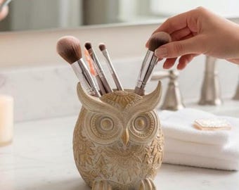 Soporte para brochas de maquillaje con forma de búho, portalápices y organizador decorativo de escritorio.