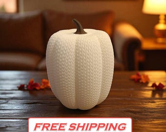 Decoración de calabaza con textura tejida, calabaza de otoño, otoño acogedor, granja, centro de mesa de Acción de Gracias, blanco, beige, naranja