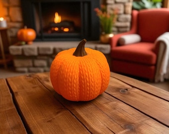 Decoración de calabaza con textura tejida, calabaza de otoño, otoño acogedor, granja, centro de mesa de Acción de Gracias, blanco, beige, naranja