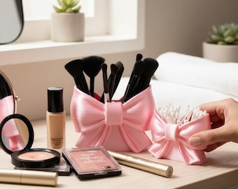 Soporte para brochas de maquillaje con lazo rosa, organizador de escritorio con portalápices Coquette