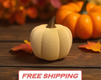 Decoración de calabaza con textura tejida, calabaza de otoño, otoño acogedor, granja, centro de mesa de Acción de Gracias, blanco, beige, naranja