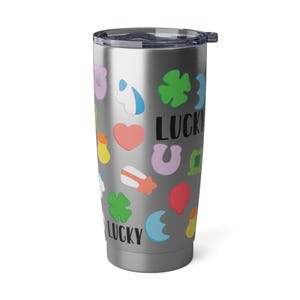 Tumbler, Lucky Charms Doodles, St. Patrick&#39;s Day Drinkware, Clover Mug, Green Beverage Container, Irish Coffee Cup