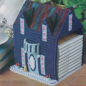 May include: A handmade, blue plastic canvas house-shaped CD holder. The roof is striped with green, red, and blue. The house has pink and white window accents, a light blue door, and a white base. A stack of CDs is visible inside.