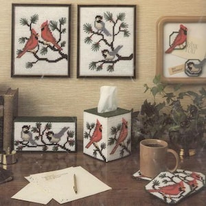 Vintage PDF plastic canvas pattern - cardinal and chickadee projects
