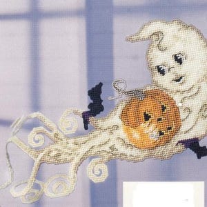 May include: A white ghost with a friendly face holding a carved orange pumpkin. The ghost is flying through the air with a long, flowing tail.