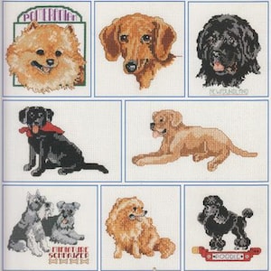 May include: Cross stitch patterns of different dog breeds, including a Pomeranian, Dachshund, Newfoundland, Labrador Retriever, Miniature Schnauzer, Poodle, and Golden Retriever.