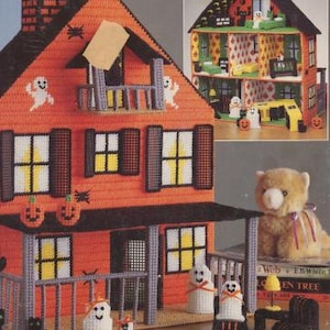 Vintage PDF plastic canvas pattern - Halloween haunted dollhouse