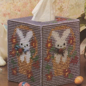 Vintage PDF plastic canvas pattern - bunny-in-a-basket tissue box cover