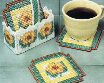 PDF plastic canvas pattern - Flower Garden Coasters