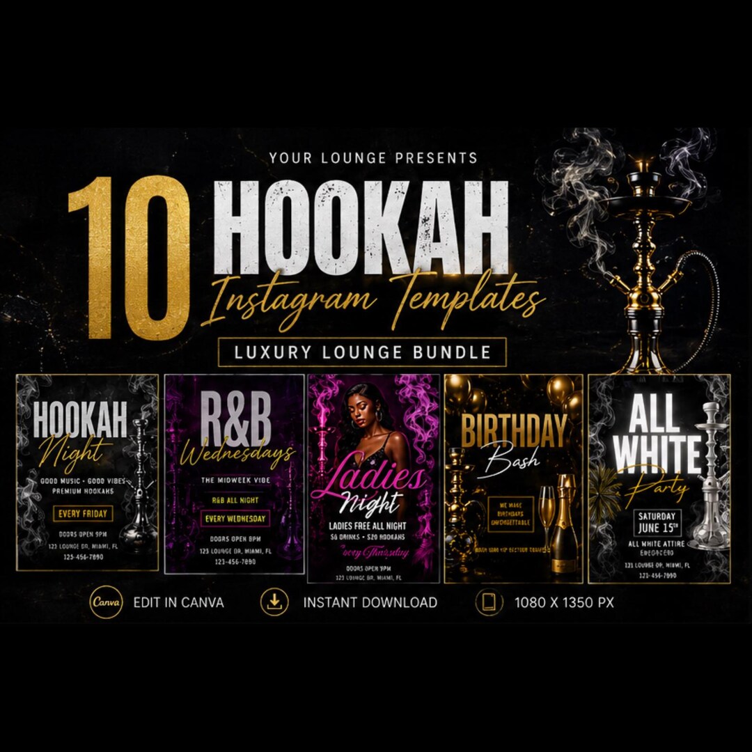 Luxury Hookah Lounge Canva Templates Bundle | Instagram Post Templates ...