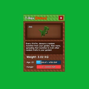 May include: A digital game interface featuring a green pixelated dinosaur labeled "T-Rex [Divine]" with the name "Jala." The interface displays the dinosaur's weight as 3.02 KG, age as 15, and hunger level. Text describes its in-game actions.