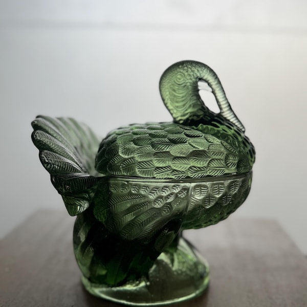 L.E. Smith Glass Company Avocado Green Pressed Glass Turkey on Nest Covered Candy Dish Centerpiece | Mid Century Turkey Tom | Vintage