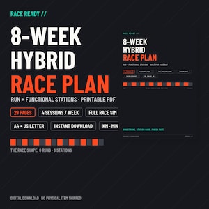 May include: An 8-week hybrid race plan digital document featuring white and orange text on a dark background. It includes details like 29 pages, 4 sessions per week, full race simulation, A4 and US letter formats, and the phrase Run Strong, Station Hard, Finish Fast.