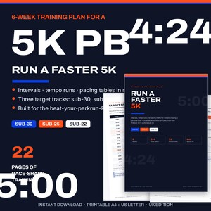 Run a Faster 5K Training Plan | 6 Week 5K PB Plan Printable PDF | Sub 30 Sub 25 Sub 22 | Interval & Tempo Running Plan | UK km Pacing Chart