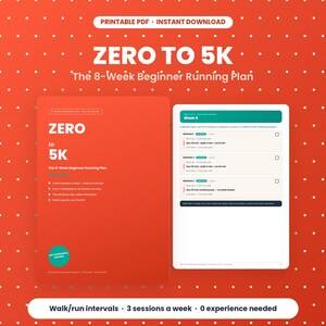 May include: A printable PDF document titled Zero to 5K: The 8-Week Beginner Running Plan. The design features a bright orange background with white polka dots, white text, and a detailed weekly schedule page showing session breakdowns.