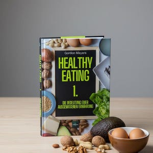 Può includere: Un libro intitolato "Healthy Eating 1" di Gordon Mayers, con testo verde e bianco. Il libro è circondato da vari alimenti sani, tra cui uova, noci e un avocado, su una superficie di legno chiaro.