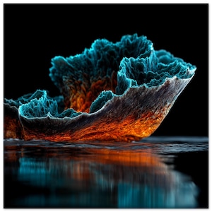 May include: Abstract digital art piece featuring a layered, textured form with a gradient of colors. The artwork transitions from a fiery orange at the base to a vibrant teal at the edges, set against a black background. The piece is reflected in a watery surface.