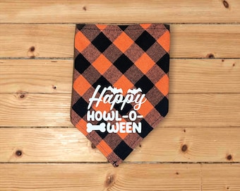 Bandana d'Halloween pour chien : plaid orange et noir, Happy Howl-o-ween