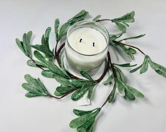 4.5” Frosted Mistletoe Candle Ring – Mini Artificial Wreath with Berries for Holiday Table Decor