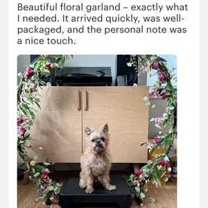 May include: A small brown dog sits on a black step stool in front of a wooden cabinet. A floral garland made of pink, white, and green flowers hangs on the wall behind the dog.