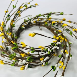 May include: A wreath made of brown twigs with white and yellow berry-like accents. The wreath is a circle and is made of multiple layers of twigs.