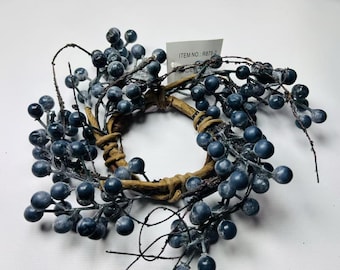 Mini Blue Berry Wreath: Rustic Farmhouse Candle Ring (2.5&quot;)