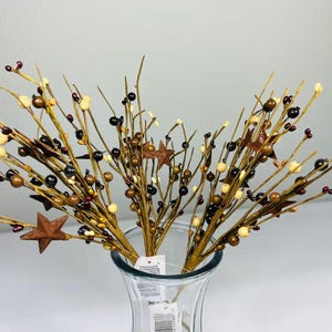 May include: A decorative floral arrangement in a clear glass vase. The arrangement features brown twigs with small, round berries in black, brown, and cream colors, along with rusty brown star-shaped accents. A rustic home decor item.