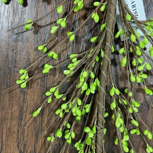 May include: A bunch of artificial green berry sprigs with brown stems. The sprigs are tied together at the base.