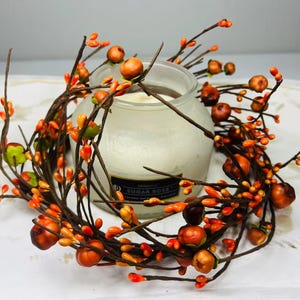 6.5” Fall Pumpkin Berry Candle Ring | Mini Autumn Wreath | Farmhouse Thanksgiving Decor