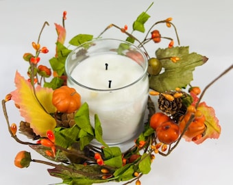 Mini Fall Pumpkin Berry Candle Ring – 4.5” Autumn Wreath with Gourds, Acorns & Leaves