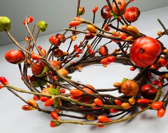 4.5” Fall Mini Pumpkin Candle Ring | Rustic Autumn Berry Wreath | Farmhouse Table Decor