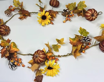 Fall Garland with Pumpkins, Sunflowers, Pinecones, Berries, Autumn Leaves – 5ft Fabric Decor