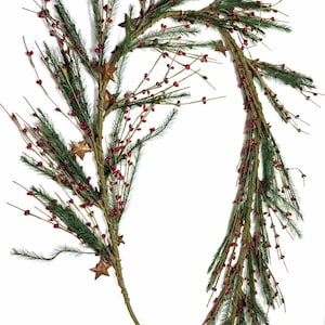 Rustic Christmas Garland with Red Pip Berries & Pine - Farmhouse Holiday Decor with Rusty Stars