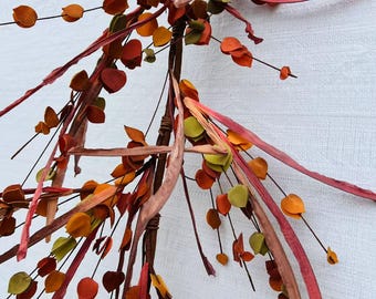 5ft Fall Leaf Garland | Autumn Eucalyptus Garland | Rustic Orange Brown Green Mantel Decor