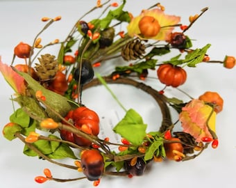 6.5” Fall Pumpkin Berry Candle Ring – Autumn Mini Wreath with Acorns, Pinecones & Leaves