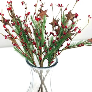 Rustic Christmas Berry Pick with Rusty Stars & Pine | 14” Holiday Farmhouse Floral Stem