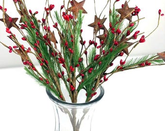 Rustic Christmas Berry Pick with Rusty Stars & Pine | 14” Holiday Farmhouse Floral Stem
