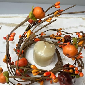 Mini Fall Berry Candle Ring: Rustic Orange Pip Berry Wreath