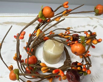 Mini Fall Berry Candle Ring: Rustic Orange Pip Berry Wreath