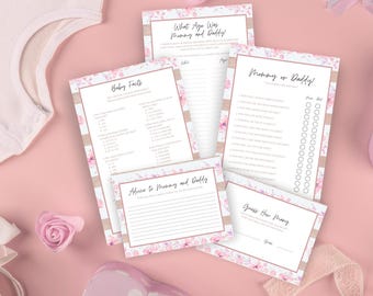 Set de juegos florales para baby shower de niña: paquete de 4 juegos + tarjeta de consejos