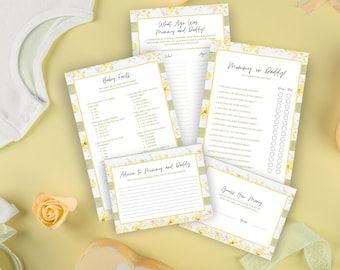 Set de juegos florales para baby shower de género neutro: paquete de 4 juegos + tarjeta de consejos
