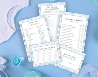 Set de juegos florales para baby shower de niño: paquete de 4 juegos + tarjeta de consejos