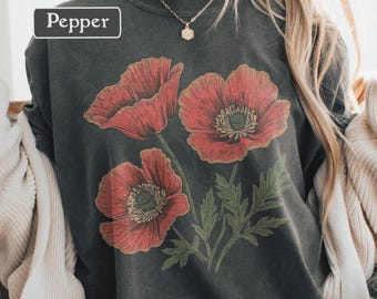Wildflower Shirt, Poppy Flower Graphic Tee, Comfort Colors Botanical T-Shirt, Cottagecore Floral Shirt, Bohemian Nature Lover Gift