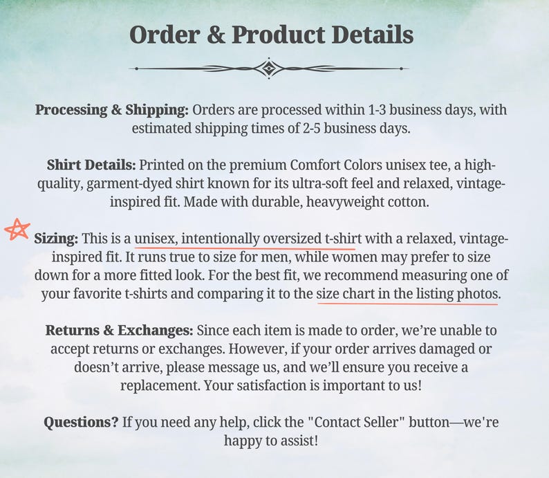 May include: Text from an Etsy listing titled "Order & Product Details." The text describes the shirt details, sizing, and return policy. The shirt is a unisex, oversized t-shirt made of heavyweight cotton.