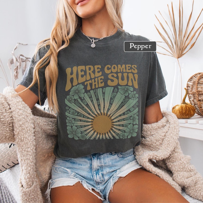 Here Comes The Sun Graphic Tee, Retro 70s Style Floral Boho Sun TShirt, Vintage Rock Inspired Design, Comfort Colors Pepper Color image 6