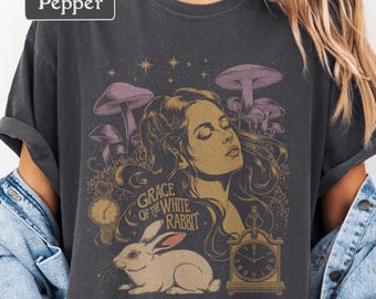 Camiseta vintage de rock psicodélico, camiseta gráfica de conejo blanco inspirada en una banda de rock ácido de los años 60, camiseta retro de concierto con arte de hongos