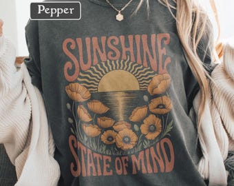 Camiseta Boho Sun, Camiseta Botanical Poppy, Camiseta Retro con Gráficos de Flores Silvestres, Colores Confortables Sunshine State of Mind, Camiseta Cottagecore Nature