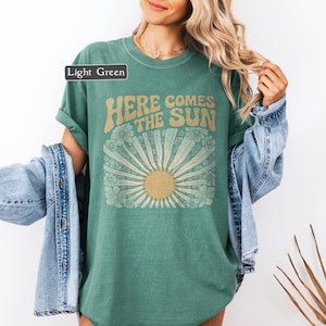 Here Comes The Sun Graphic Tee, Retro 70s Style Floral Boho Sun TShirt, Vintage Rock Inspired Design, Comfort Colors Pepper Color image 3