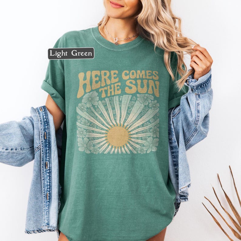 Here Comes The Sun Graphic Tee, Retro 70s Style Floral Boho Sun TShirt, Vintage Rock Inspired Design, Comfort Colors Pepper Color image 3