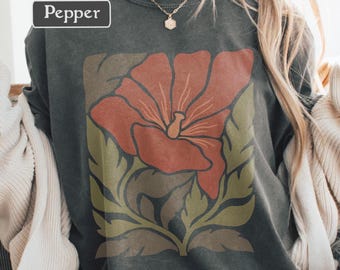 Camiseta floral inspirada en Matisse, camiseta con estampado floral retro, camiseta con arte botánico, camiseta con colores florales vintage y naturales, camiseta cottagecore.